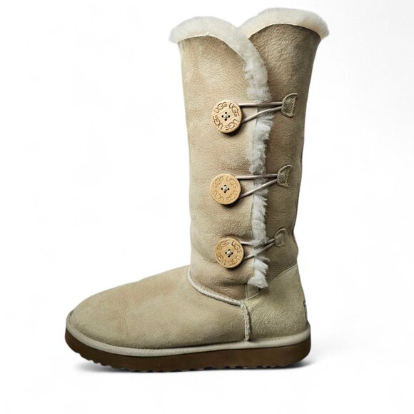 UGG Shoes - UGG Bailey Button Triplet II Tall Sheepskin Shearling Suede Wool Sand Boots